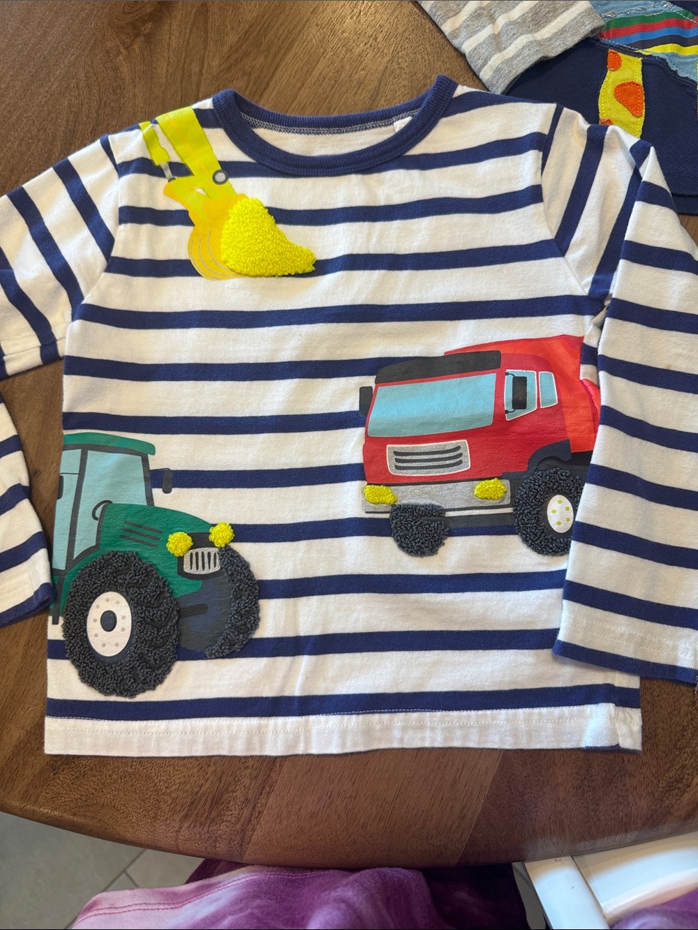 Mini Boden Striped Kids Tee with Colorful Truck & Tractor Appliqués